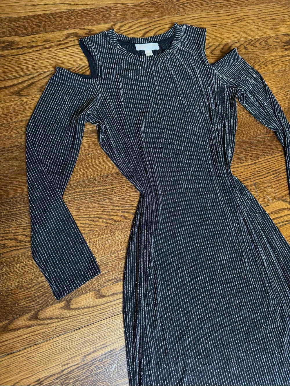 Michael Kors Black and Silver Metallic Striped Cold-Shoulder Ribbed Dress